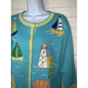 VTG Rainbow Bridge Sz MEDIUM Sailboat Beach 100% Cotton Cardigan Sweater 90s EUC